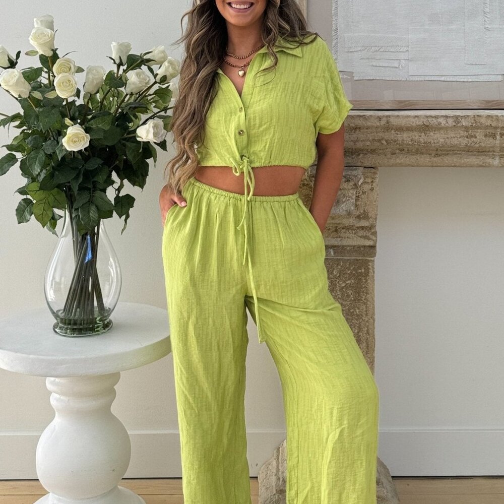 Women's A Tini Summer Set | Boxy Cropped Button Down Top | Lime Green